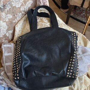 Black Studded Leather Tote Bag